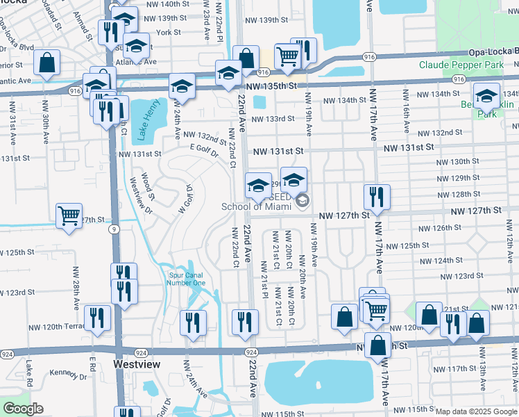 map of restaurants, bars, coffee shops, grocery stores, and more near 2101 Northwest 127th Street in Miami