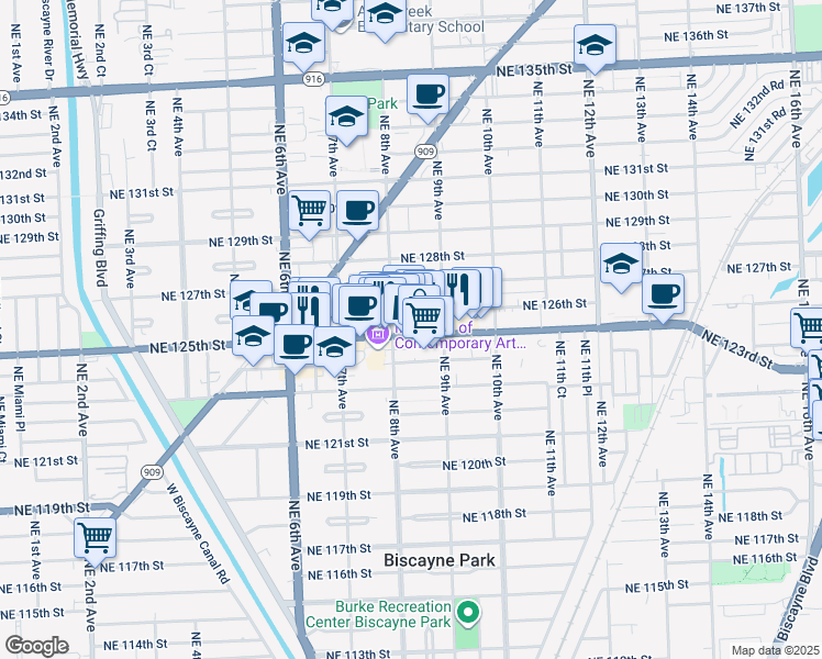 map of restaurants, bars, coffee shops, grocery stores, and more near 843 Northeast 125th Street in North Miami