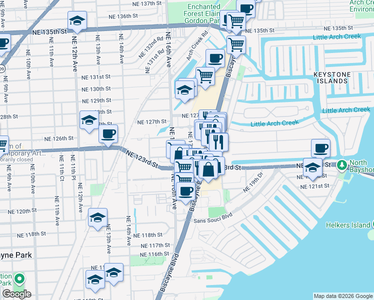 map of restaurants, bars, coffee shops, grocery stores, and more near in North Miami