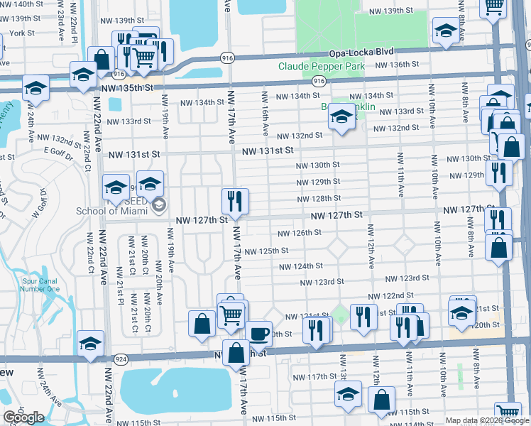 map of restaurants, bars, coffee shops, grocery stores, and more near 1650 Northwest 127th Street in North Miami