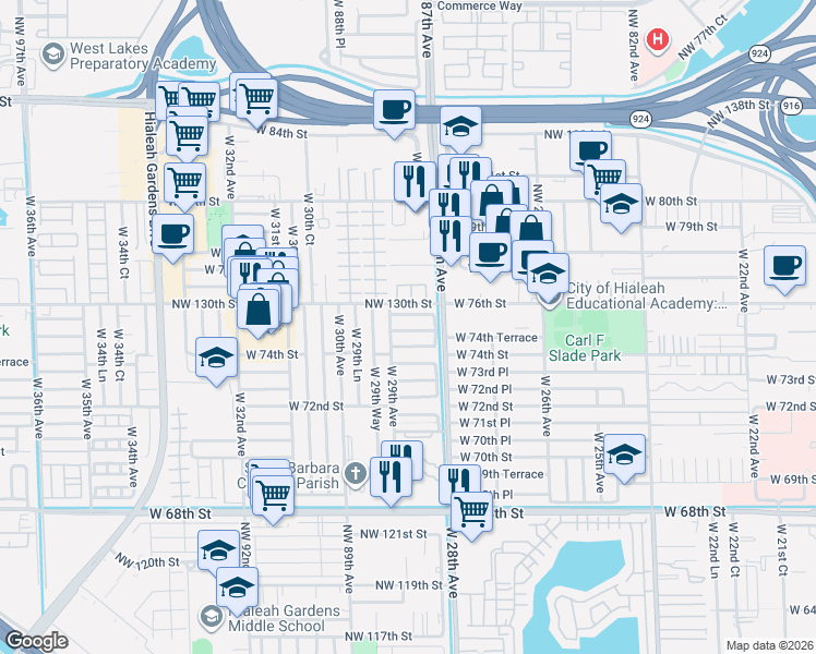 map of restaurants, bars, coffee shops, grocery stores, and more near 2879 West 74th Place in Hialeah