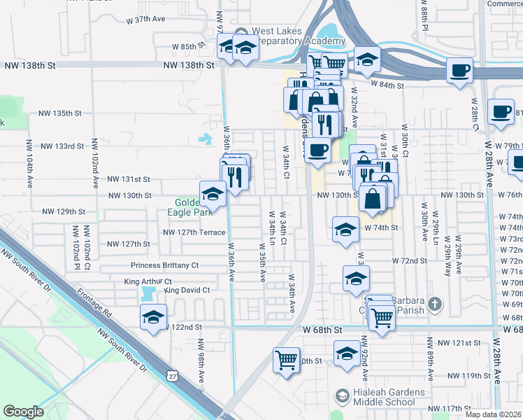 map of restaurants, bars, coffee shops, grocery stores, and more near 7428 West 34th Lane in Hialeah