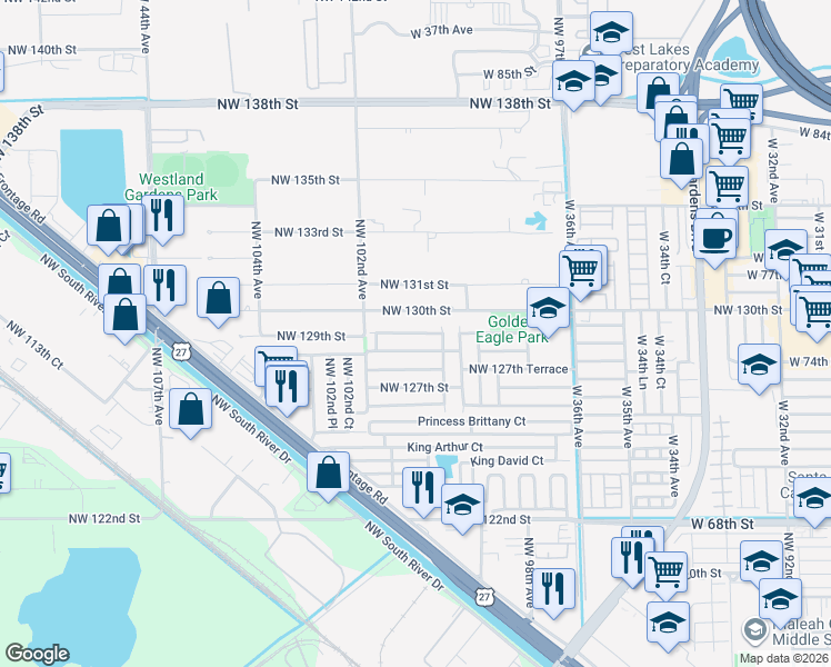 map of restaurants, bars, coffee shops, grocery stores, and more near 10062 Northwest 128th Terrace in Hialeah Gardens