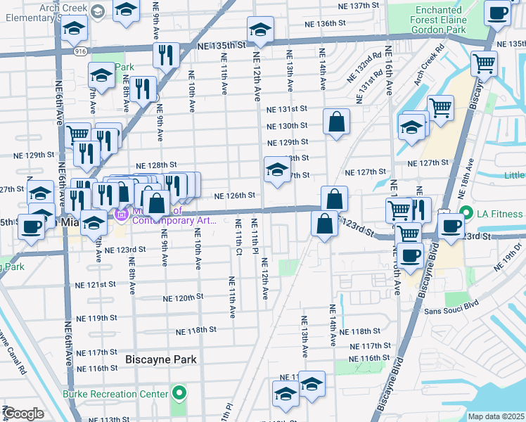 map of restaurants, bars, coffee shops, grocery stores, and more near NE 125th St & NE 12th Ave in North Miami