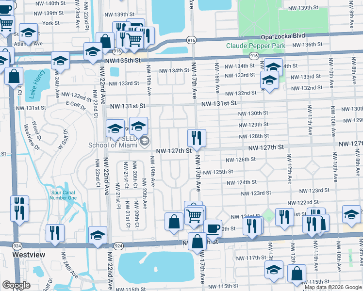 map of restaurants, bars, coffee shops, grocery stores, and more near 1780 Northwest 127th Street in Miami