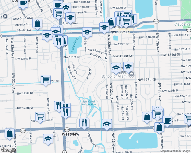 map of restaurants, bars, coffee shops, grocery stores, and more near 12601-12899 W Golf Dr in Miami