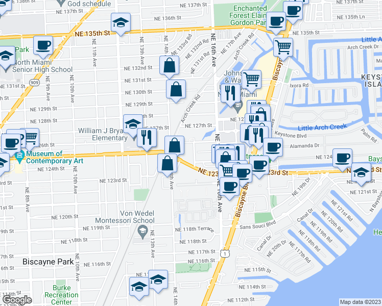 map of restaurants, bars, coffee shops, grocery stores, and more near 1470 Northeast 125th Terrace in North Miami