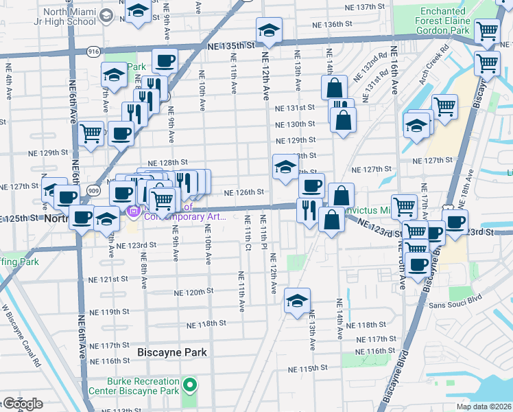 map of restaurants, bars, coffee shops, grocery stores, and more near 1174 Northeast 126th Street in North Miami
