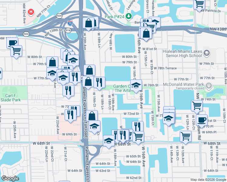 map of restaurants, bars, coffee shops, grocery stores, and more near 1815 West 76th Street in Hialeah