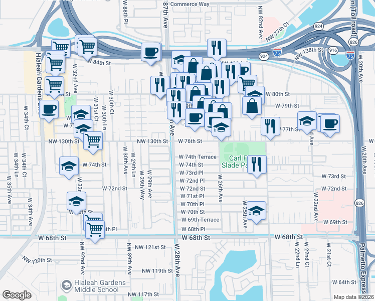 map of restaurants, bars, coffee shops, grocery stores, and more near 2730 West 76th Street in Hialeah