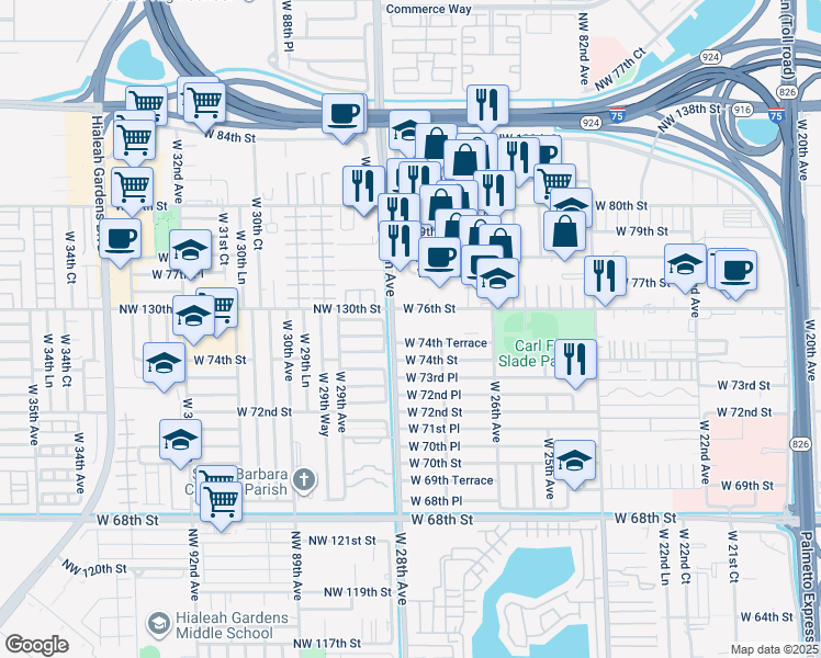 map of restaurants, bars, coffee shops, grocery stores, and more near 2730 West 76th Street in Hialeah