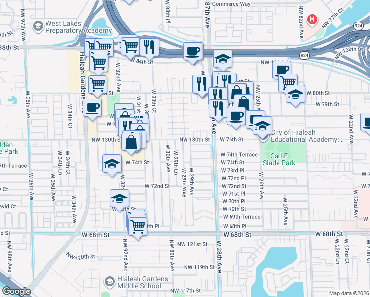 map of restaurants, bars, coffee shops, grocery stores, and more near 7599 West 29th Lane in Hialeah
