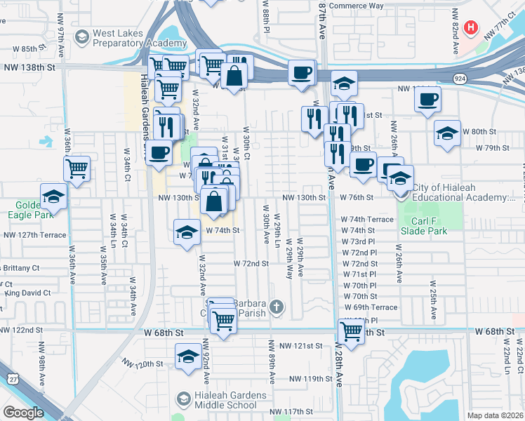 map of restaurants, bars, coffee shops, grocery stores, and more near 7593 West 30th Court in Hialeah