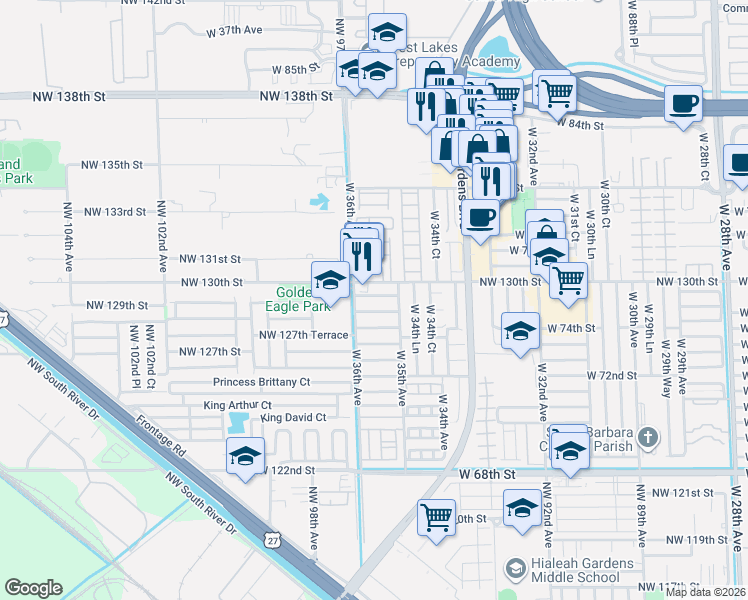 map of restaurants, bars, coffee shops, grocery stores, and more near 7663 West 36th Avenue in Hialeah