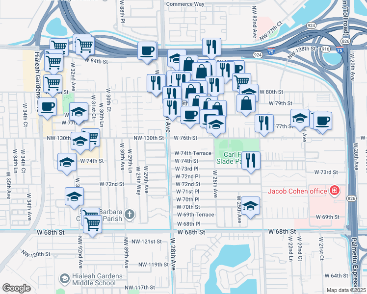 map of restaurants, bars, coffee shops, grocery stores, and more near 2730 West 76th Street in Hialeah