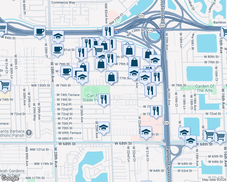 map of restaurants, bars, coffee shops, grocery stores, and more near 2337 West 76th Street in Hialeah