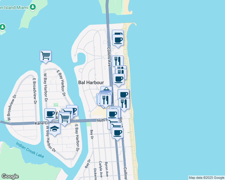 map of restaurants, bars, coffee shops, grocery stores, and more near in Bal Harbour