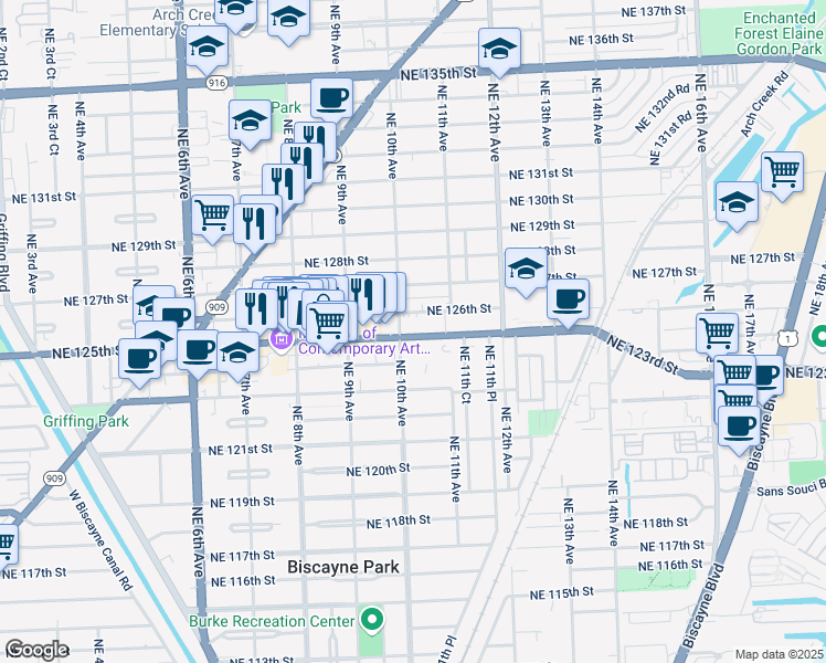 map of restaurants, bars, coffee shops, grocery stores, and more near 1005 Florida 922 in North Miami