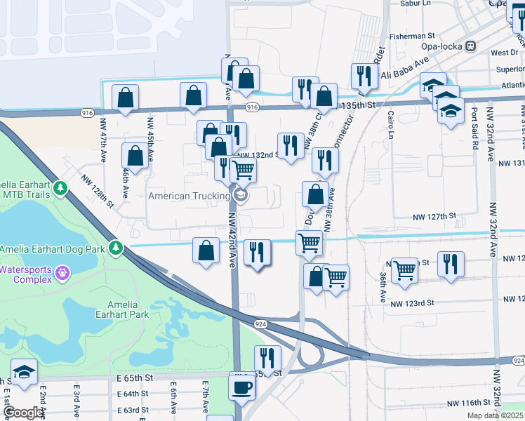 map of restaurants, bars, coffee shops, grocery stores, and more near 12805 North Le Jeune Road in Opa-locka