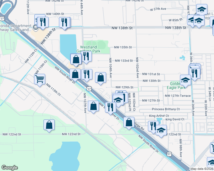 map of restaurants, bars, coffee shops, grocery stores, and more near 10401 Northwest 130th Street in Hialeah