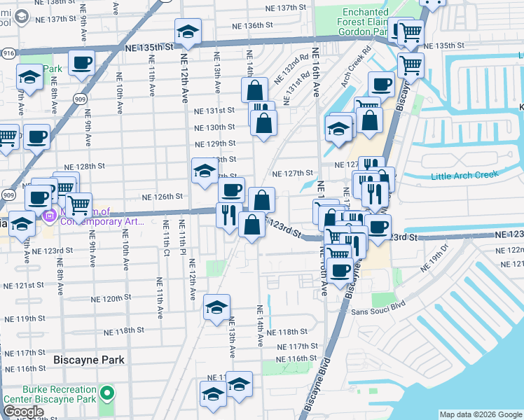 map of restaurants, bars, coffee shops, grocery stores, and more near 12512 Northeast 14th Avenue in North Miami