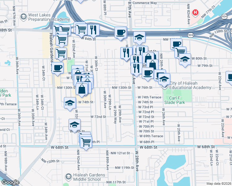 map of restaurants, bars, coffee shops, grocery stores, and more near 7599 West 29th Lane in Hialeah