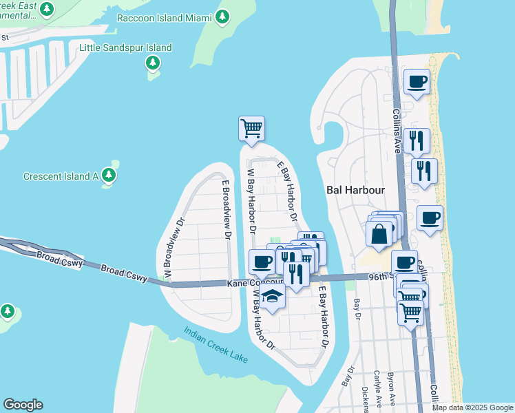 map of restaurants, bars, coffee shops, grocery stores, and more near 10001 West Bay Harbor Drive in Bay Harbor Islands