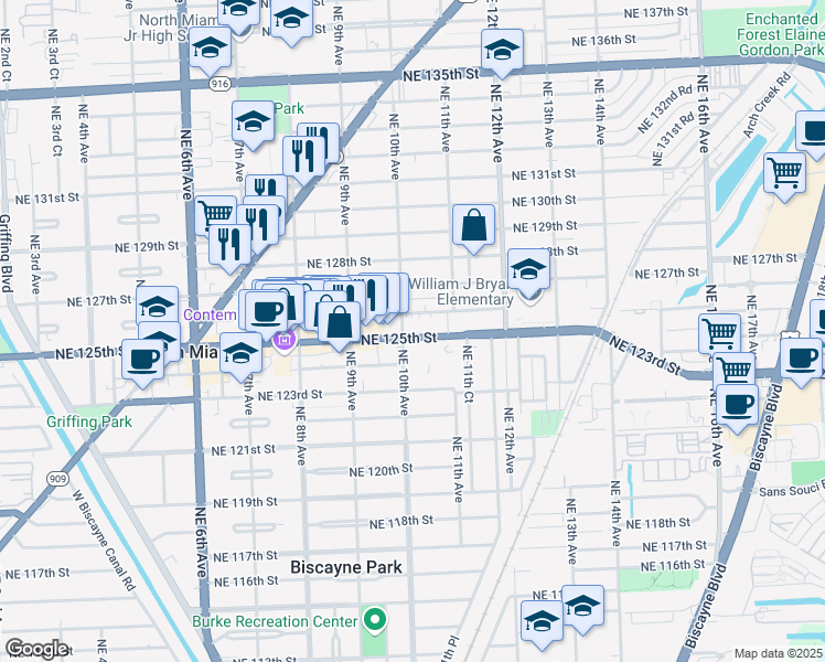 map of restaurants, bars, coffee shops, grocery stores, and more near 1005 Florida 922 in North Miami