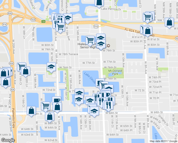 map of restaurants, bars, coffee shops, grocery stores, and more near 1314 West 76th Street in Hialeah
