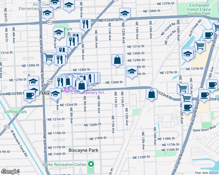 map of restaurants, bars, coffee shops, grocery stores, and more near 12610 Northeast 11th Avenue in North Miami