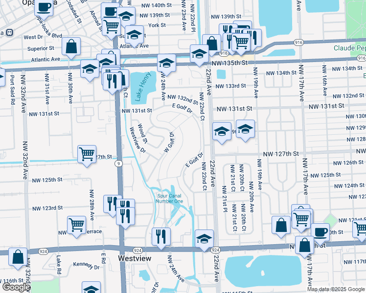 map of restaurants, bars, coffee shops, grocery stores, and more near 12601-12899 W Golf Dr in Miami