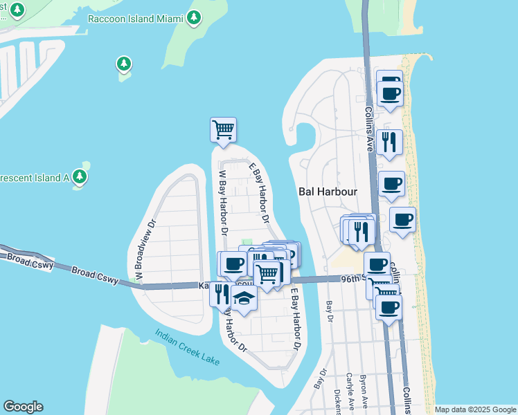 map of restaurants, bars, coffee shops, grocery stores, and more near 74 101st Street in Bay Harbor Islands
