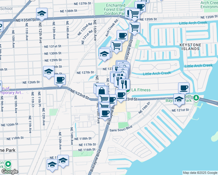 map of restaurants, bars, coffee shops, grocery stores, and more near 1705 Northeast 124th Street in North Miami