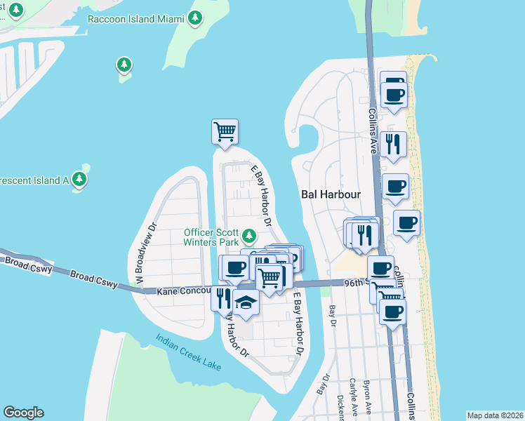map of restaurants, bars, coffee shops, grocery stores, and more near 74 101st Street in Bay Harbor Islands