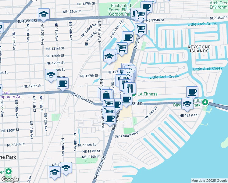 map of restaurants, bars, coffee shops, grocery stores, and more near 1704 Northeast 125th Street in North Miami