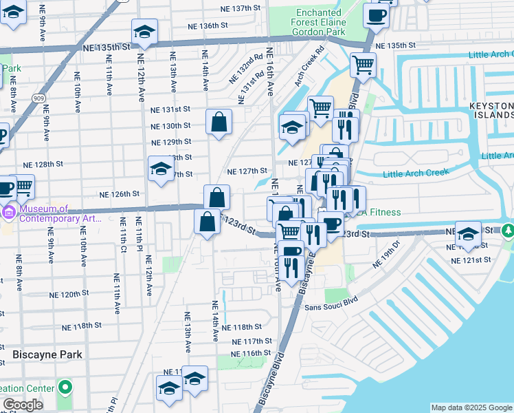 map of restaurants, bars, coffee shops, grocery stores, and more near 1530 Northeast 125th Terrace in North Miami