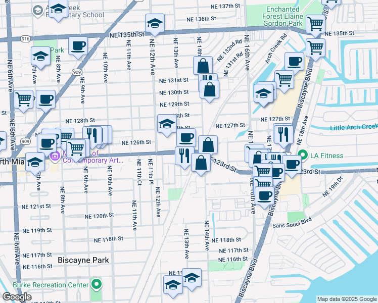 map of restaurants, bars, coffee shops, grocery stores, and more near 12501 Northeast 13th Avenue in North Miami