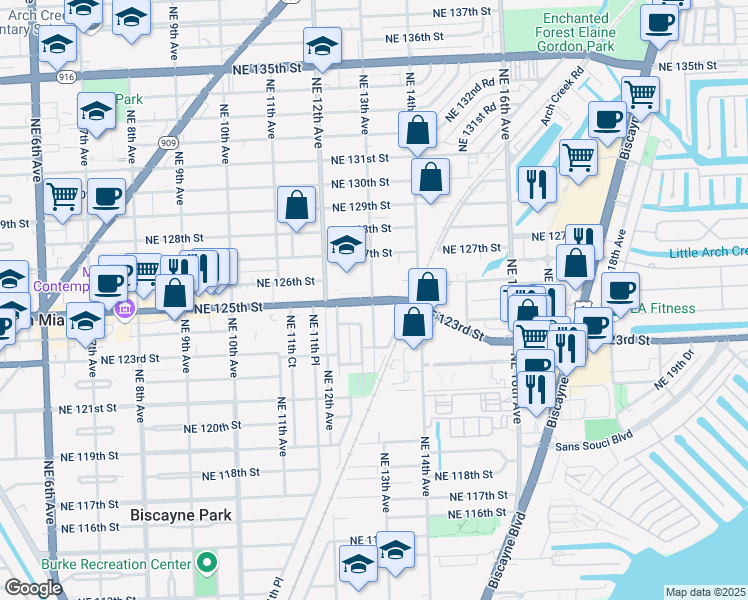 map of restaurants, bars, coffee shops, grocery stores, and more near 12501 Northeast 13th Avenue in North Miami