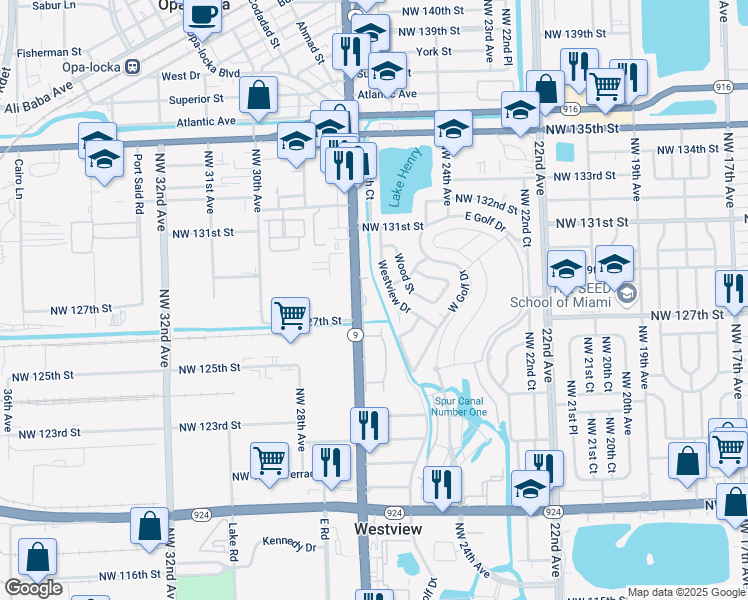 map of restaurants, bars, coffee shops, grocery stores, and more near 12800 Westview Drive in Miami
