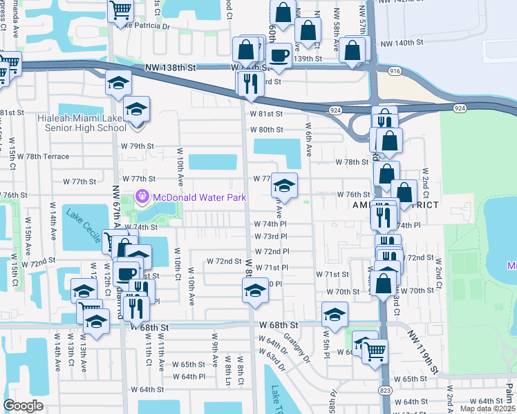 map of restaurants, bars, coffee shops, grocery stores, and more near 7595 West 8th Avenue in Hialeah