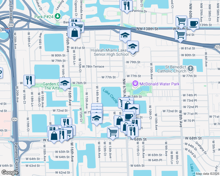 map of restaurants, bars, coffee shops, grocery stores, and more near 1306 West 76th Street in Hialeah