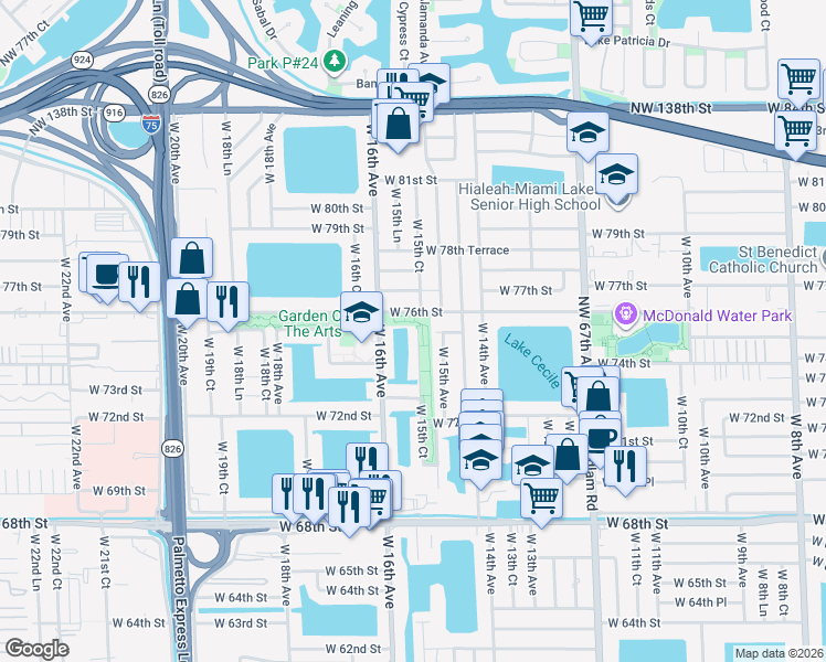 map of restaurants, bars, coffee shops, grocery stores, and more near 1535 West 76th Street in Hialeah