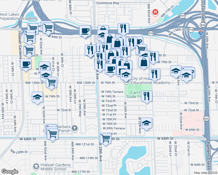 map of restaurants, bars, coffee shops, grocery stores, and more near 2730 West 76th Street in Hialeah