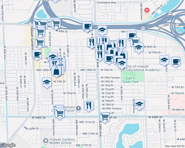 map of restaurants, bars, coffee shops, grocery stores, and more near 2875 West 75th Terrace in Hialeah