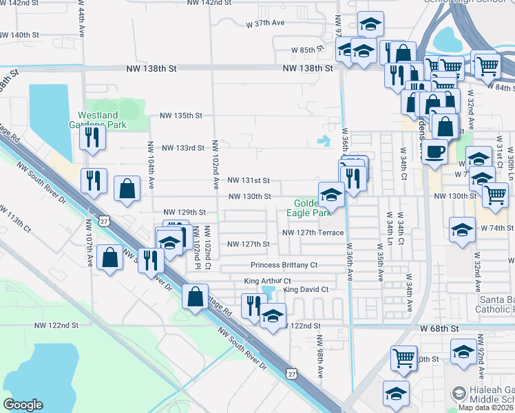 map of restaurants, bars, coffee shops, grocery stores, and more near 9983 Northwest 130th Street in Hialeah Gardens