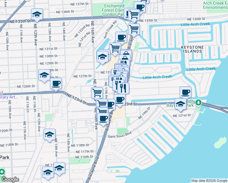 map of restaurants, bars, coffee shops, grocery stores, and more near in North Miami