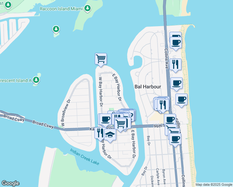 map of restaurants, bars, coffee shops, grocery stores, and more near 10006 East Bay Harbor Drive in Bay Harbor Islands