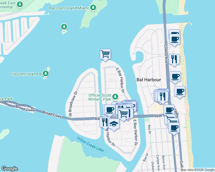 map of restaurants, bars, coffee shops, grocery stores, and more near 1164 101st Street in Bay Harbor Islands