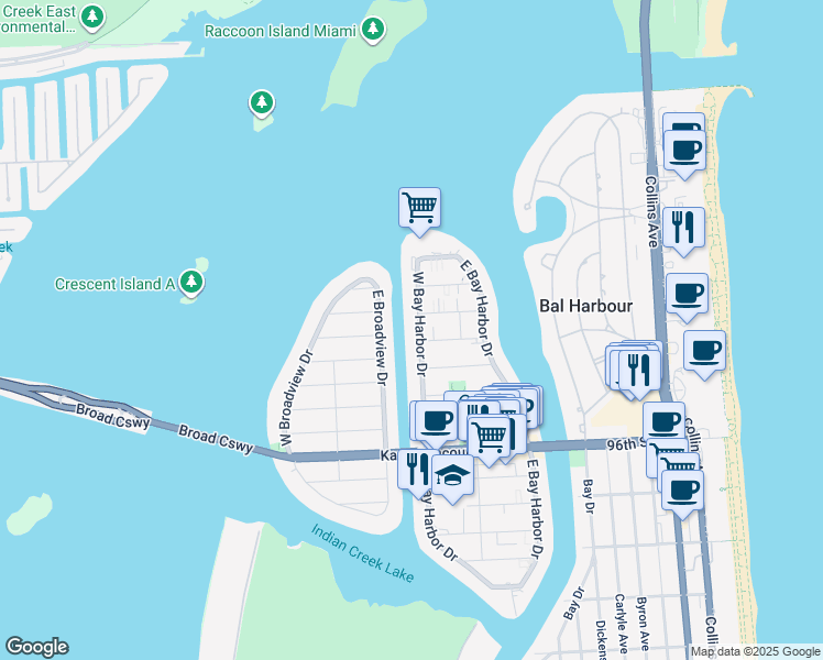 map of restaurants, bars, coffee shops, grocery stores, and more near 10161 East Broadview Drive in Bay Harbor Islands
