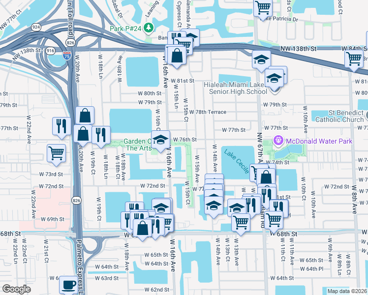 map of restaurants, bars, coffee shops, grocery stores, and more near 1535 West 76th Street in Hialeah